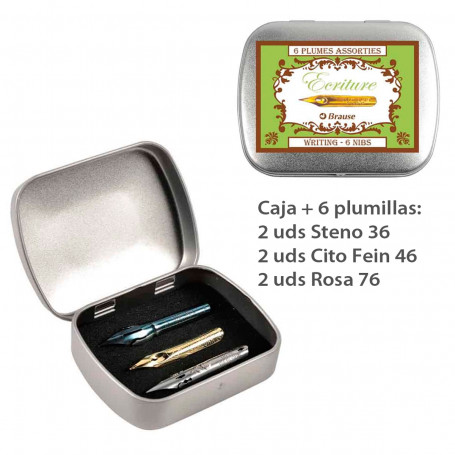 Caja Metal 6 Plumillas Escritura Herbin