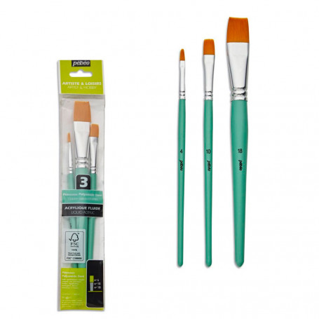 Pack 3 Pinceles Pelo Sintético Plano Mango Corto Pébéo