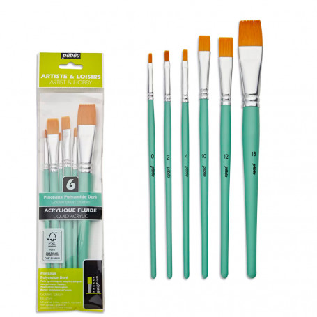 Pack 6 Pinceles Pelo Sintético Plano Mango Corto Pébéo