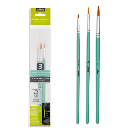 Pack 3 Pinceles Pelo Sintético Redondo Mango Corto Pébéo