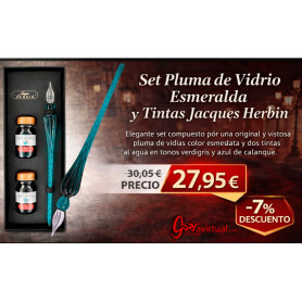 Set Pluma de Vidrio Esmeralda y Tintas Jacques Herbin