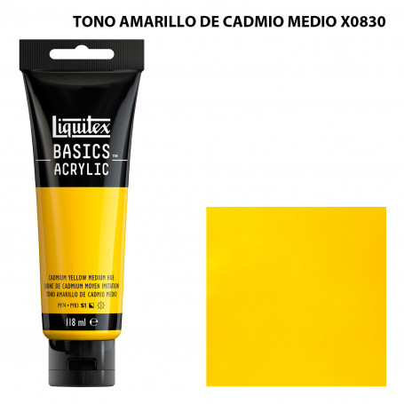 Acrílico Basics 118 ml Liquitex Gama Amarillos Rojos y Malvas 830-Tono Amarillo de Cadmio Medio