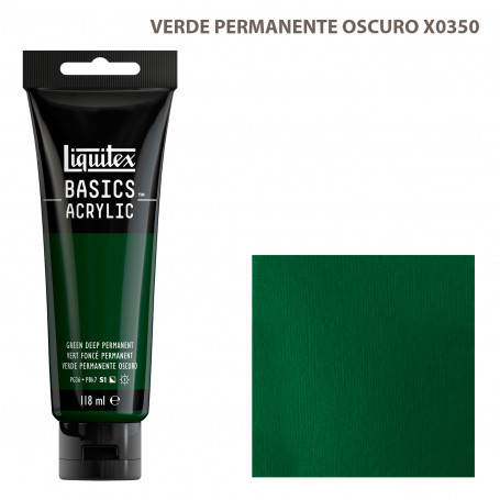Acrílico Basics 118 ml Liquitex Gama Azules y Verdes 350-Verde Permanente Oscuro