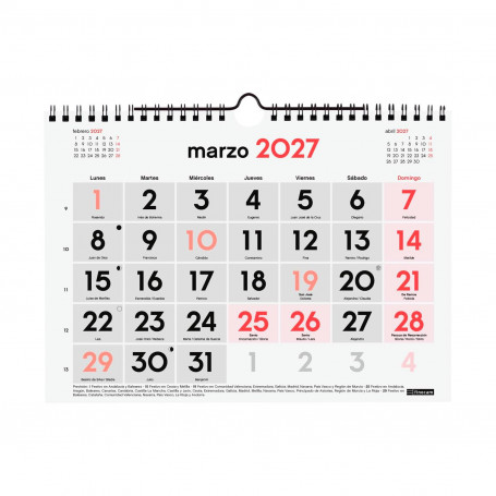 Calendario Pared Números Grandes Finocam 2027 Tamaño S 