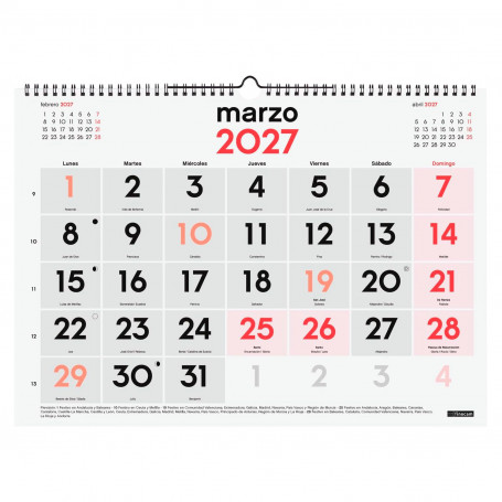 Calendario Pared Números Grandes Finocam 2027 Tamaño L